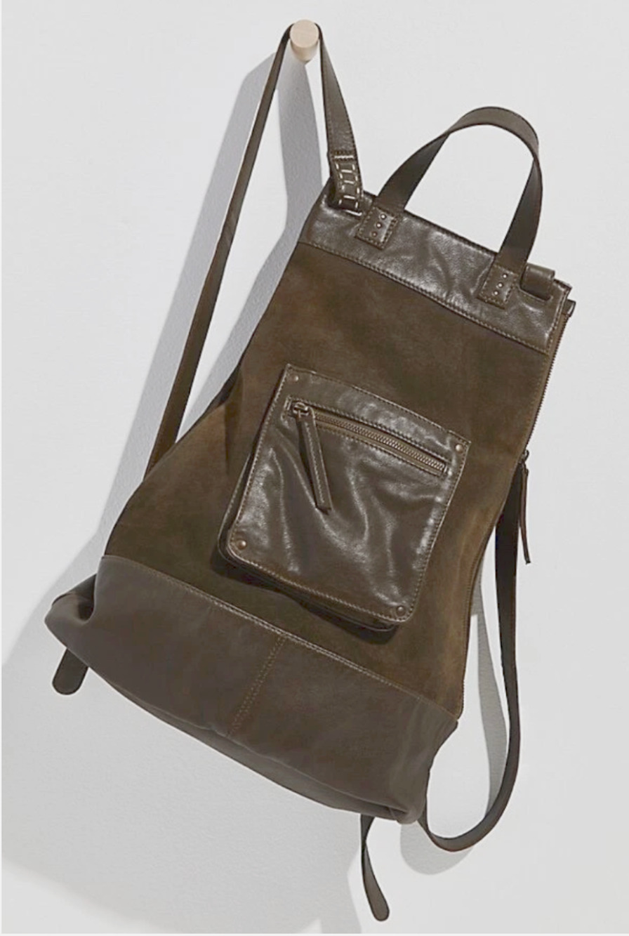 FREE PEOPLE WE THE FREE DISTRESSED BITTER OLIVE SAGE SUEDE LEATHER BACKPACK BAG